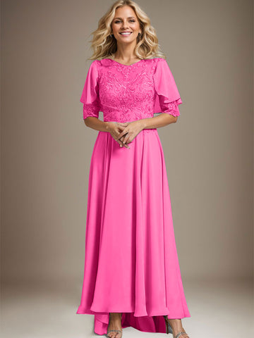 A-line Scoop Illusion Asymmetrical Chiffon Lace Mother of the Bride Dress With Beading