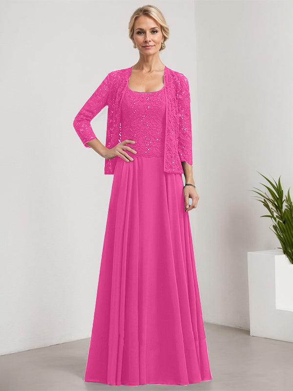 Vestido de corte A, cuadrado, largo hasta el suelo, de encaje y gasa con lentejuelas para la madre de la novia 