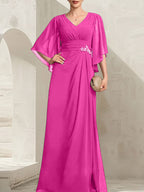 Vestido de corte recto/columna, escote en V, largo hasta el suelo, de gasa, para la madre de la novia, con lentejuelas plisadas y pedrería.