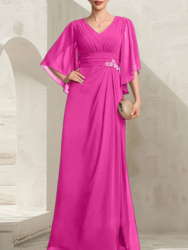Vestido de corte recto/columna, escote en V, largo hasta el suelo, de gasa, para la madre de la novia, con lentejuelas plisadas y pedrería.