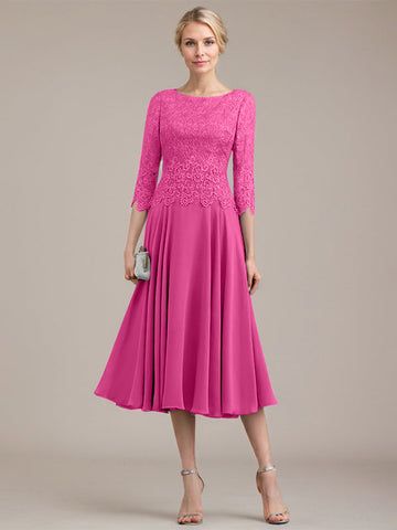 A-line Scoop Tea-Length Lace Chiffon Mother of the Bride Dress
