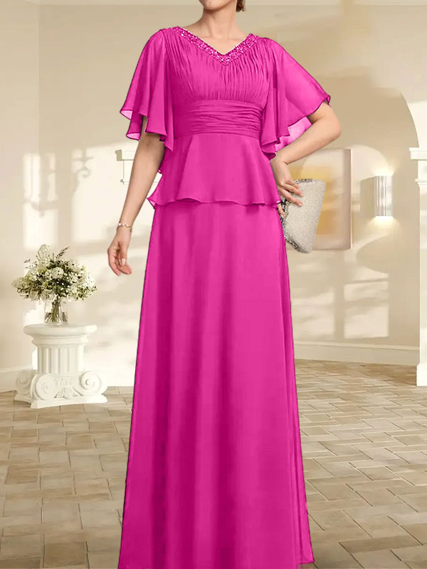 Vestido de gasa de corte A, escote en V, largo hasta el suelo, para la madre de la novia, con plisados ​​y cuentas.