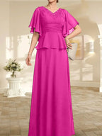 Vestido de gasa de corte A, escote en V, largo hasta el suelo, para la madre de la novia, con plisados ​​y cuentas.