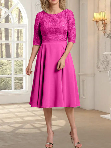 A-line Scoop Knee-Length Lace Chiffon Mother of the Bride Dress
