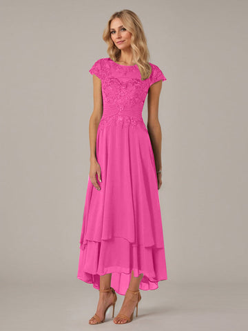 A-line Boat Neck Illusion Asymmetrical Chiffon Lace Mother of the Bride Dress With Applique Pleats