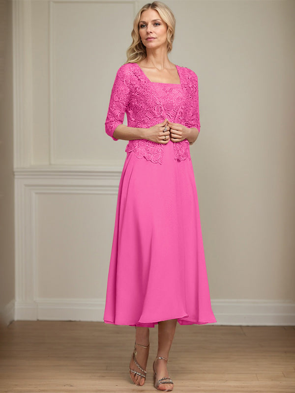 Vestido de corte A, largo midi, de gasa, encaje y lentejuelas para la madre de la novia. 