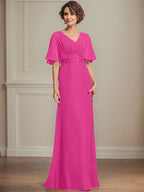 Vestido de corte A, escote en V, largo hasta el suelo, de gasa, para la madre de la novia, con apliques de lentejuelas plisadas y encaje.