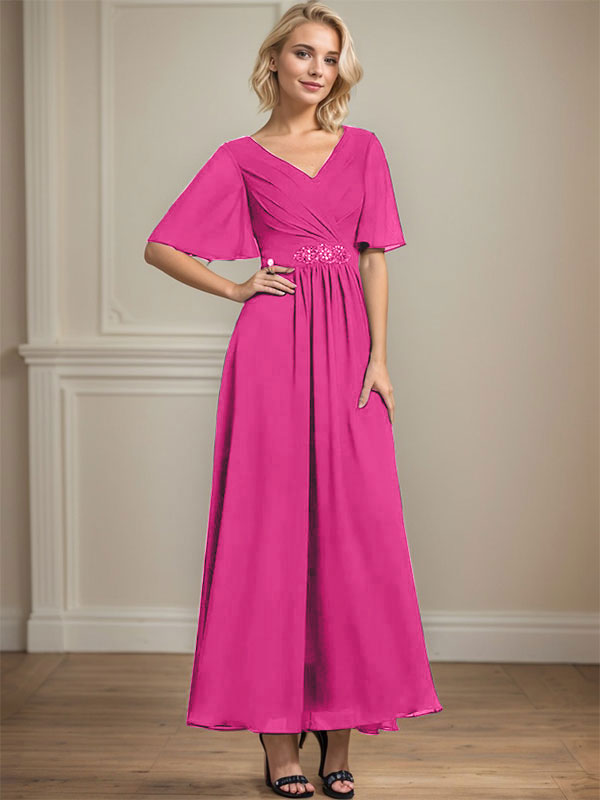 Vestido de gasa de corte A, escote en V, largo hasta el tobillo, para la madre de la novia, con lentejuelas y cuentas plisadas.