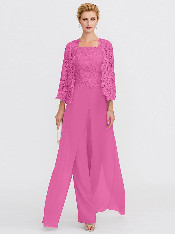 Traje pantalón de chifón de tres piezas con escote cuadrado y chaqueta para la madre de la novia 