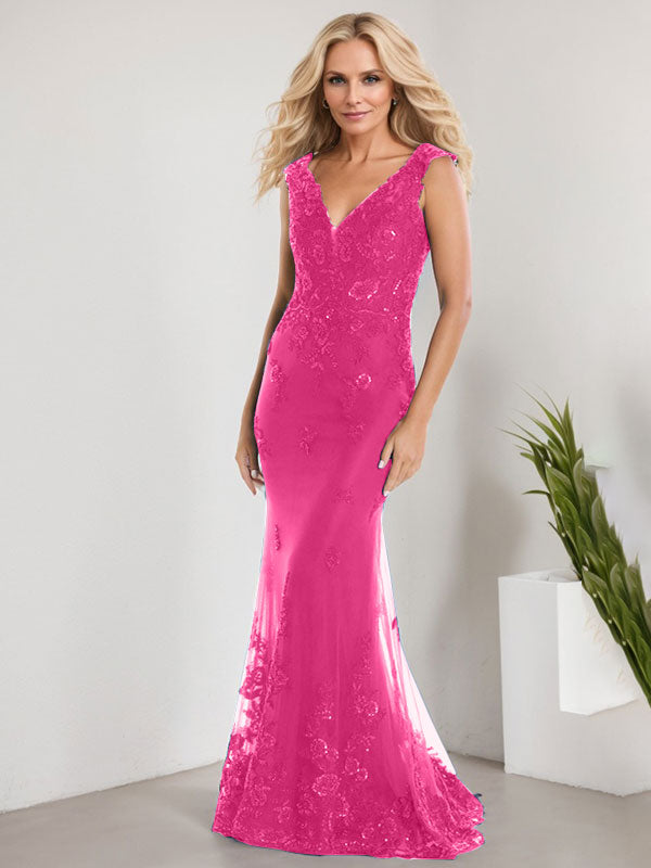 Vestido de sirena para la madre de la novia, corte sirena, escote en V, largo hasta el suelo, de gasa de encaje con apliques de lentejuelas. 
