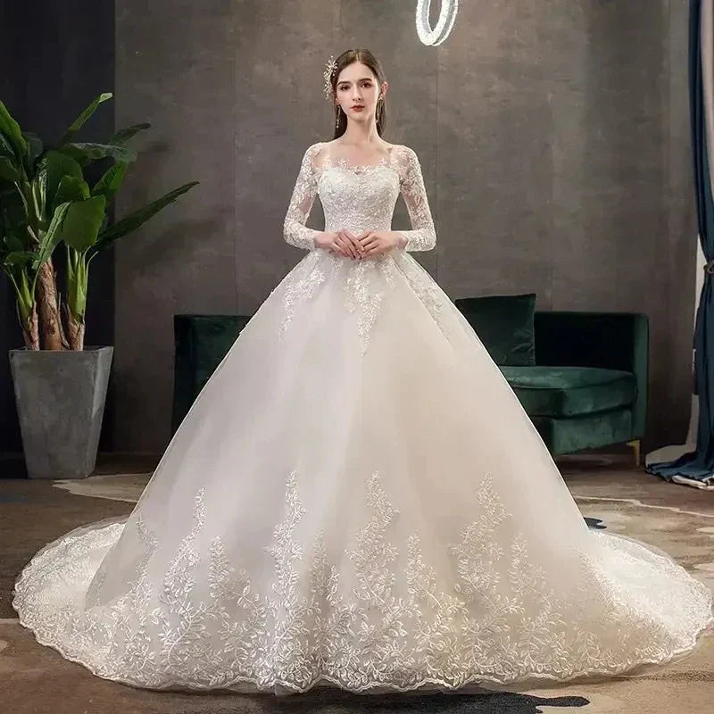 Vestidos De Novia De cola larga De encaje De manga larga ilusión apliques largos De encaje bordado Vestido De Noiva Vestidos De Novia