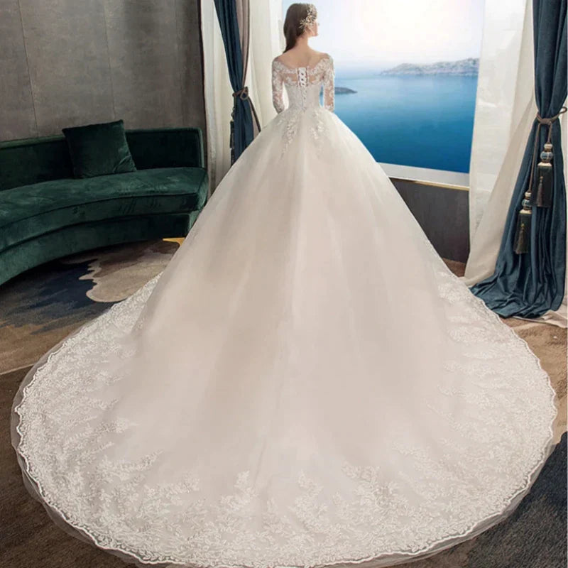 Vestidos De Novia De cola larga De encaje De manga larga ilusión apliques largos De encaje bordado Vestido De Noiva Vestidos De Novia