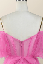 Robe de bal courte trapèze rose fuchsia à épaules dénudées et volants Y2783