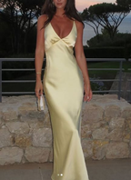 Robe de soirée longue en satin jaune sexy à col V Y7882