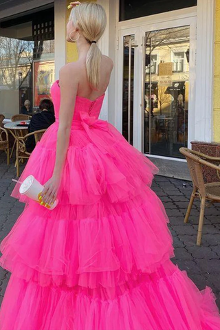 Robe de bal longue en tulle rose fuchsia à volants, bustier asymétrique, robe de soirée rose fuchsia Y214