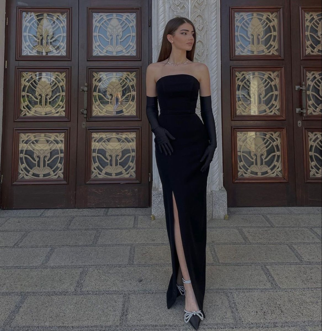 Vestido de fiesta largo negro modesto sin tirantes con abertura, vestido de noche negro Y4550