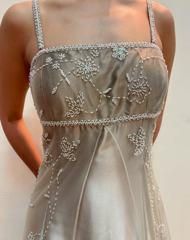 Fashion Spaghetti Straps Satin Tulle Beaded Prom Dress A Line Party Evening Gown Y8139