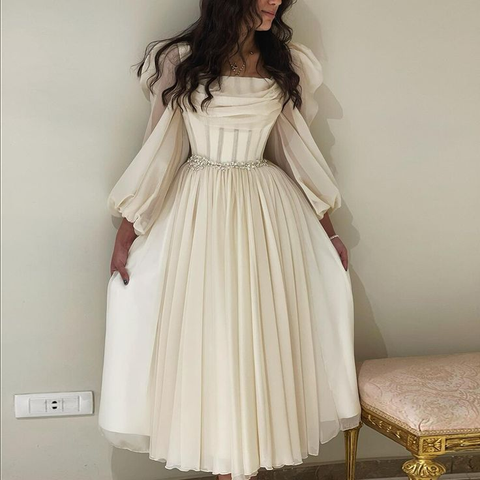 Beige Short Midi Arabic Evening Dress with Belt Long Sleeve Tea Length Women Formal Wedding Party Gowns Y4847