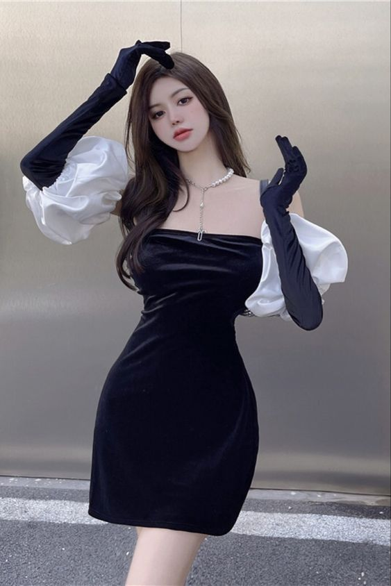 Vestido negro sexy sin tirantes para baile de bienvenida, vestido negro de fiesta Y2381