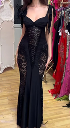 Robe de soirée sirène longue en dentelle noire sexy Y7821