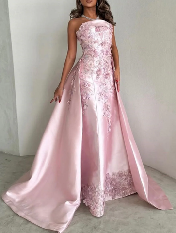 Robe de soirée rose somptueuse sans bretelles en satin ornée d'appliqués, robe de bal de gala Y8427