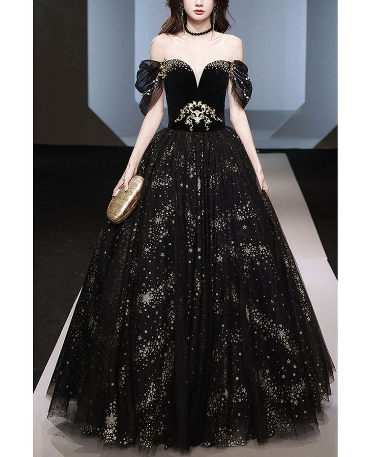 Vestido de baile de corte A con lentejuelas y tul brillante, escote barco, negro, modelo Y8034