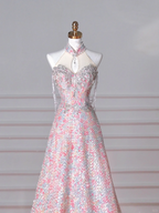 Precioso vestido de fiesta rosa con lentejuelas y cuentas, corte en A, modelo Y8637