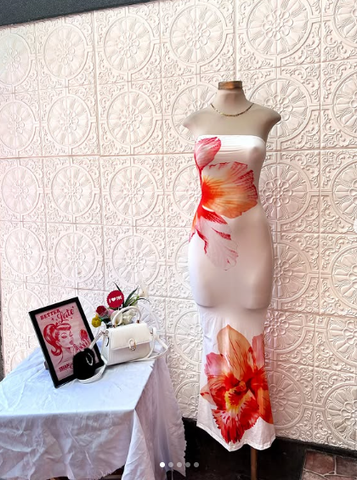 Beautiful Strapless Satin Print Floral Prom Dress Sheath Evening Dress Y8239