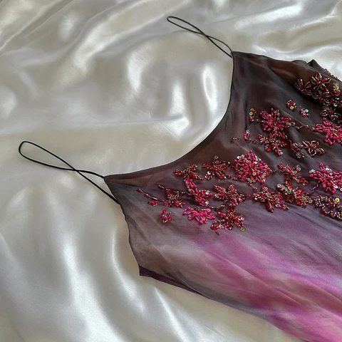 Precioso vestido de noche de gasa con tirantes finos y cuentas, estilo sirena, modelo Y8222