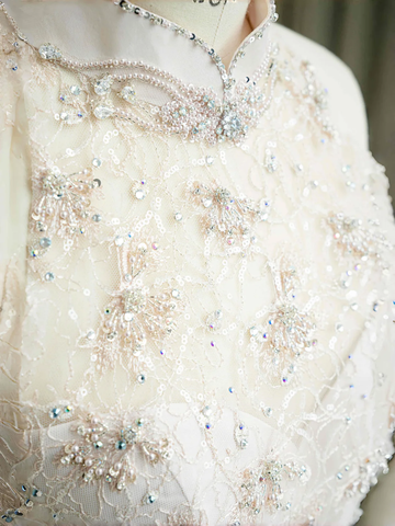 Elegant Light Pink Satin Lace Sequin Beaded Evening Dress Slit Mermaid Prom Dress Y8672