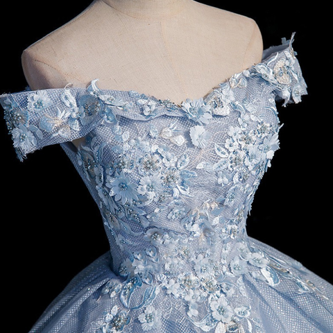 Robe de bal longue en tulle bleu et dentelle Y4208