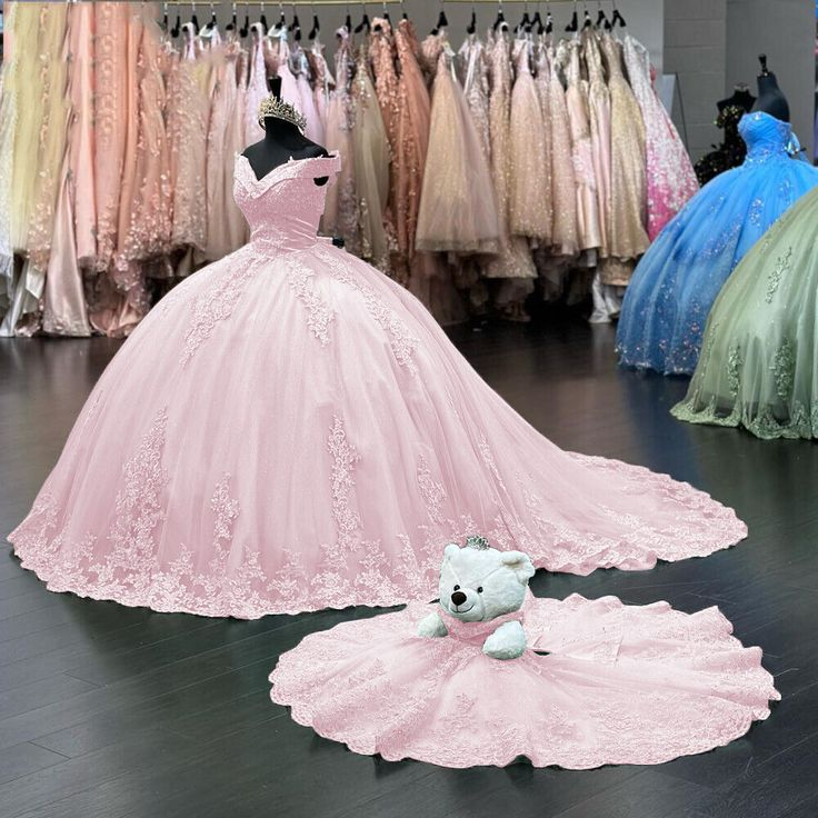 Vestido rosa de quinceañera con hombros descubiertos, encaje, para baile de cumpleaños Y7245