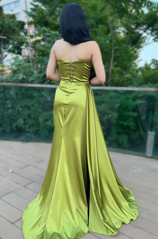 Robe de bal longue en satin vert, style sirène, référence Y242