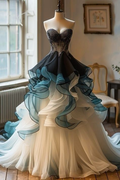 Robe de bal bustier unique en tulle perlé à volants, coupe trapèze, robe de soirée formelle Y8343