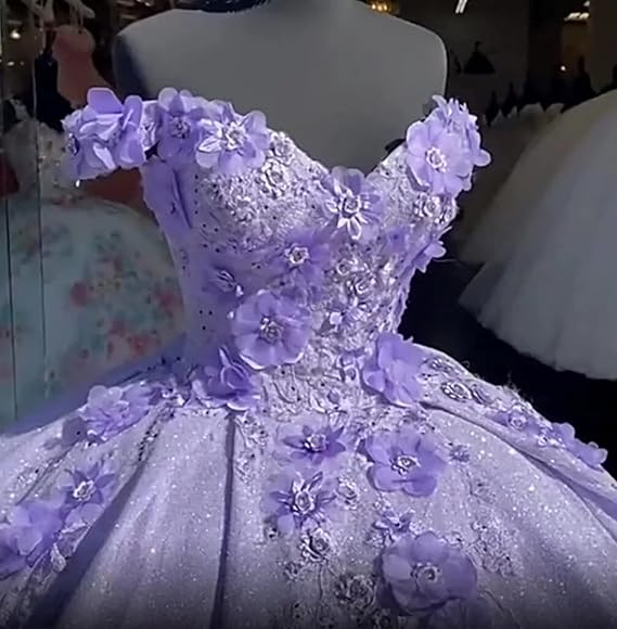 Vestido de gala azul con hombros descubiertos, vestido de graduación brillante con flores S26908