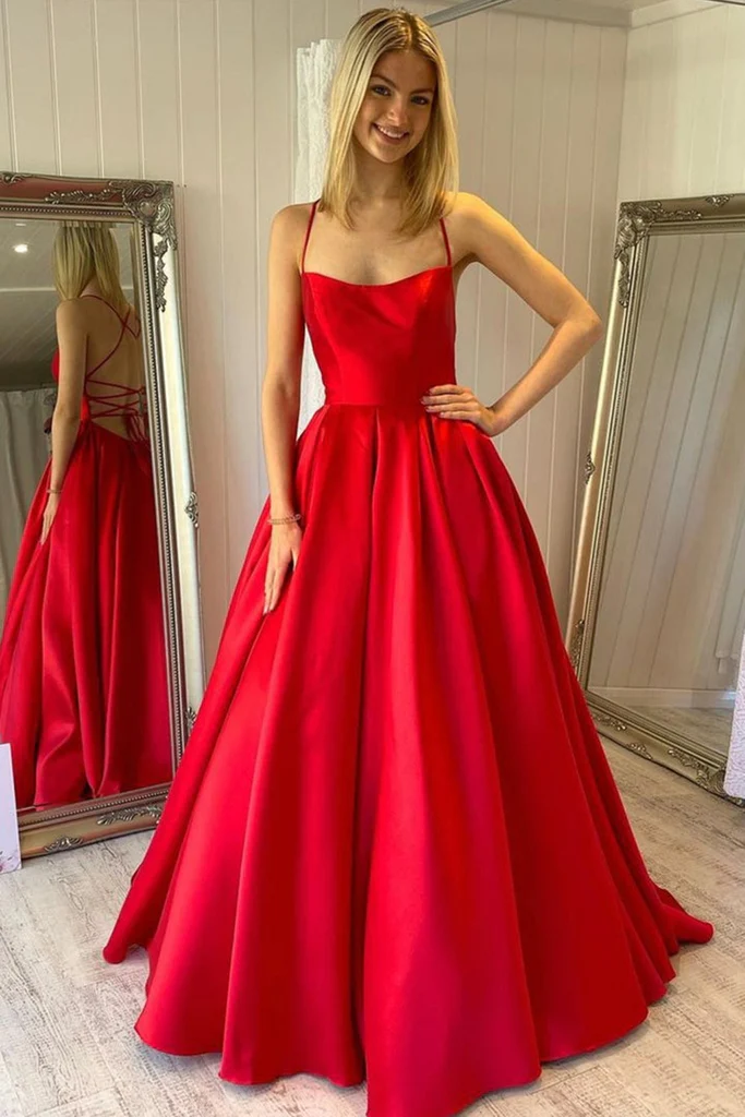 Vestido largo de fiesta rojo satinado sencillo sin espalda, vestido formal rojo sin espalda, vestido de noche rojo Y219
