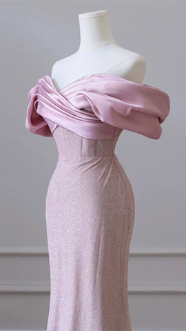 Flesh Pink Sequin Evening Gown Elegant Women's Off Shoulder Party Prom Evening Dress Y6963