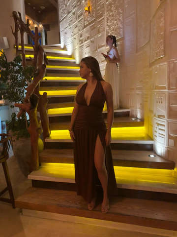 Sexy Halter Backless Brown A Line Slit Prom Dress Deep V Evening Dress Y8481