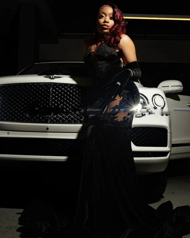 Vestido de fiesta sexy con apliques de encaje, vestido de noche negro estilo sirena Y6497