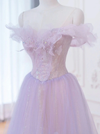 Vestido largo de fiesta morado corte A con hombros descubiertos, vestidos de noche formales morados Y1783
