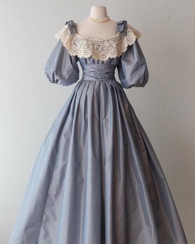 Vintage Lace Satin A Line Prom Dress Blue Puff Sleeves Long Evening Dress Y8515
