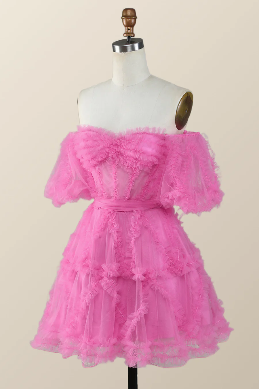 Robe de bal courte trapèze rose fuchsia à épaules dénudées et volants Y2783
