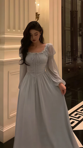 Vestido de fiesta de manga larga de gasa y encaje gris, elegante vestido de noche para baile de graduación Y8021