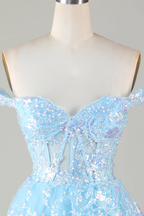 Vestido corto de fiesta de bienvenida con corsé azul brillante, encaje escalonado y corte en A Y4083