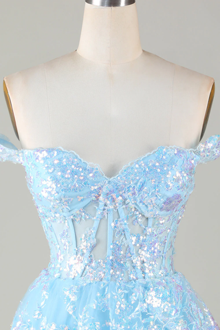 Robe de bal courte bleu pailleté à corset et dentelle à volants Y4083