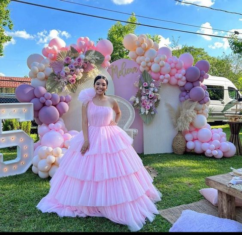 Vestido de baile rosa de tul con volantes y corte en A, vestido rosa para quinceañera Y6957
