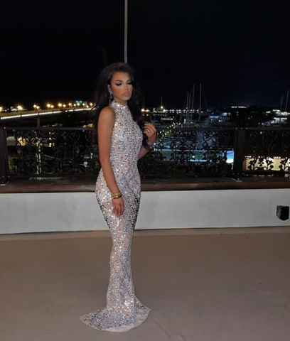 Unique Sequins Mermaid Sleeveless Evening Dress Silver Long Prom Dress Y8271