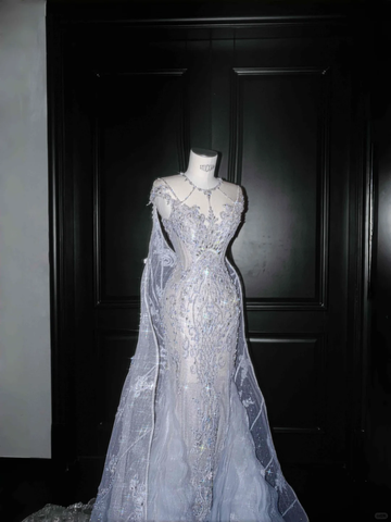 Classy Blue Tulle Beaded Mermaid Prom Dress,Formal Evening Dress Wedding Dress Y8655