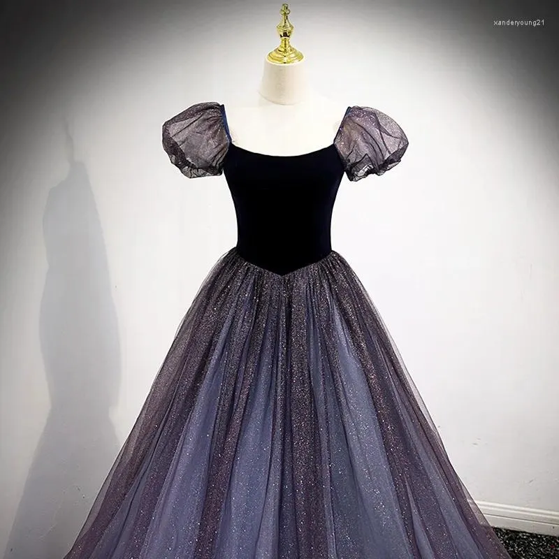 Purple Tulle Short Sleeve Formal Dress Cute A-Line Evening Dress Y4291