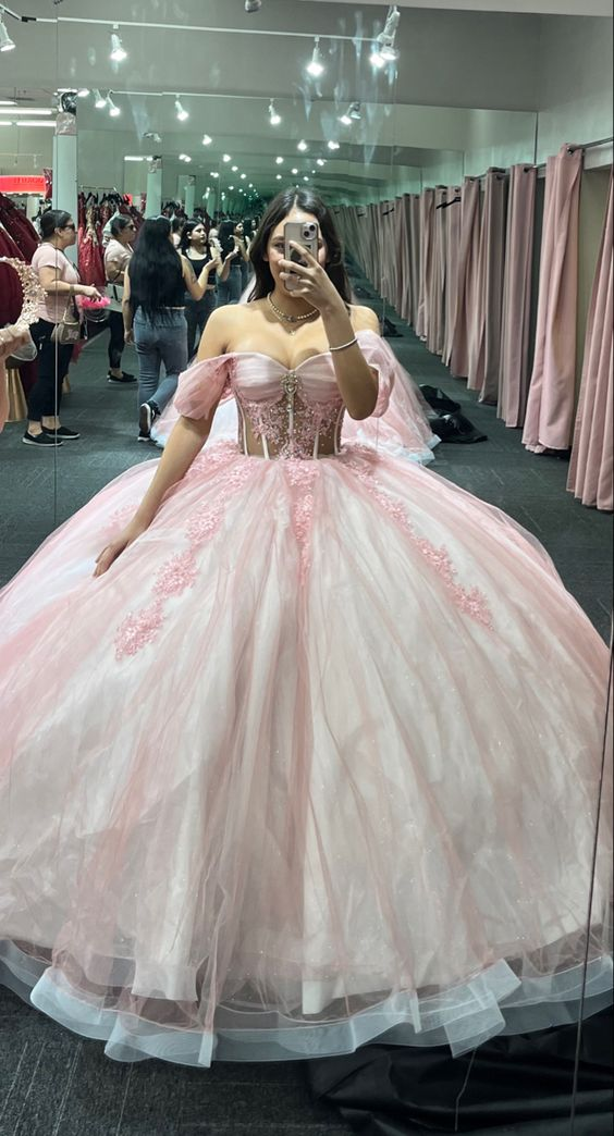 Vestido de baile de tul rosa con hombros descubiertos, vestido rosa para quinceañera Y5468